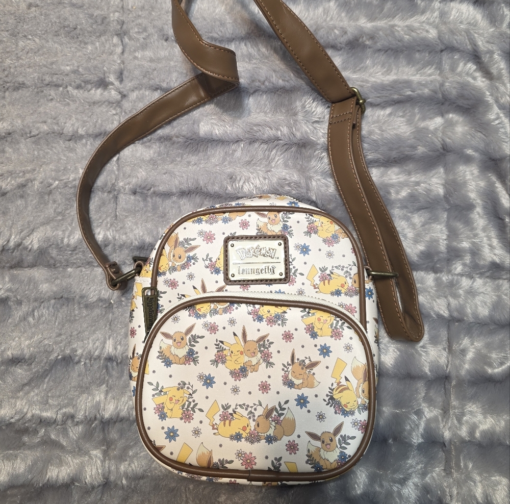 Loungefly White & Brown Pokémon Eevee & Pikachu Crossbody Bag Purse